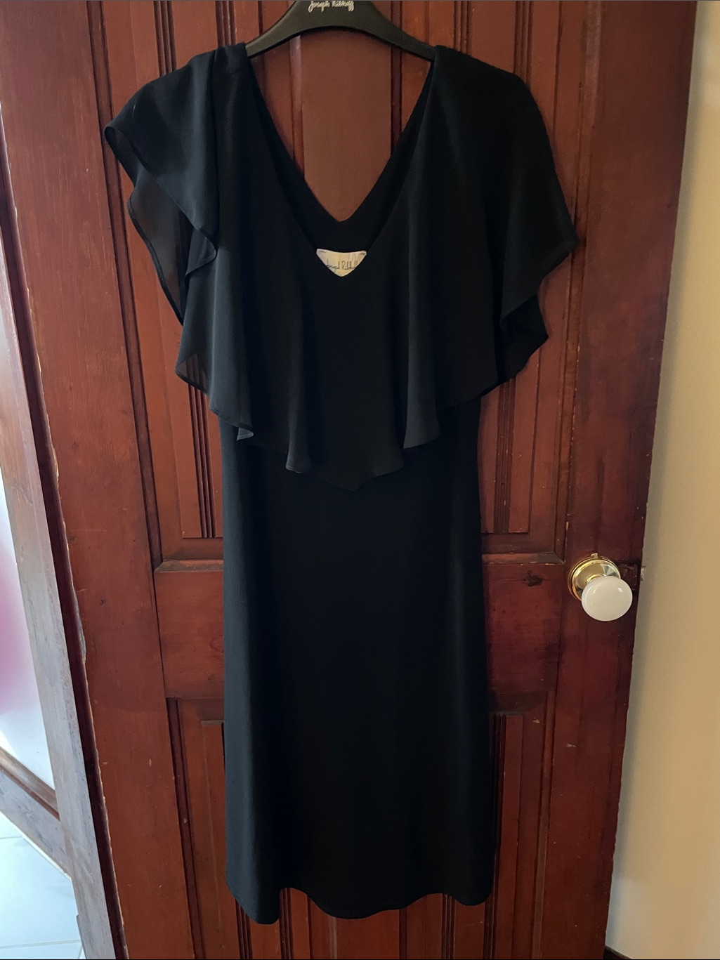 Joseph Ribkoff Black V-Neck Midi Dress With Flutter Overlay, Nwt!